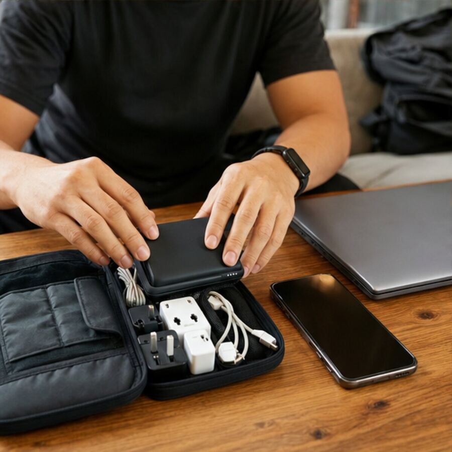 Compact power bank, cable and adapter kit