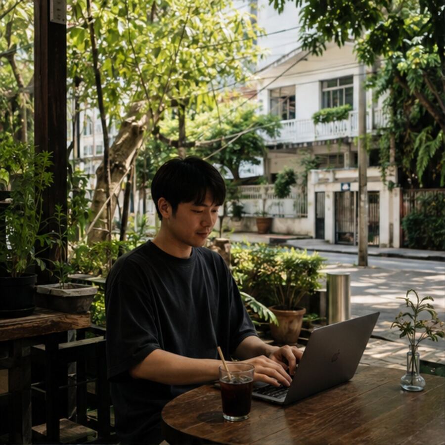Remote worker in a leafy Ari-style Bangkok café