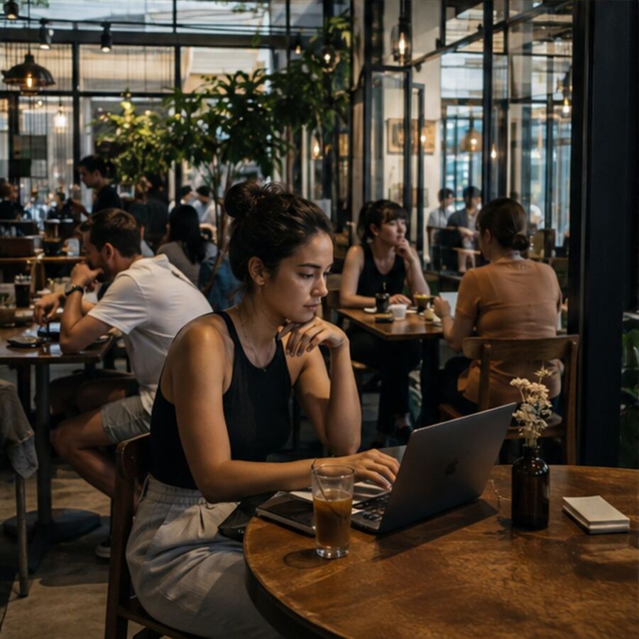 Laptop worker in a cosmopolitan Sukhumvit café