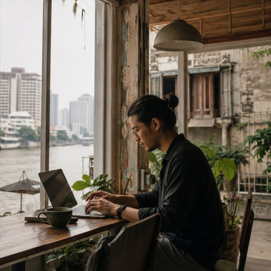Remote work near Bangkok's riverside old town