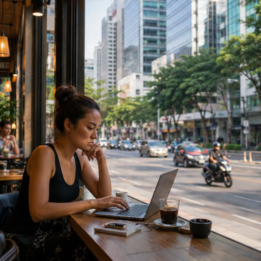 Laptop worker in a café near a modern underground station