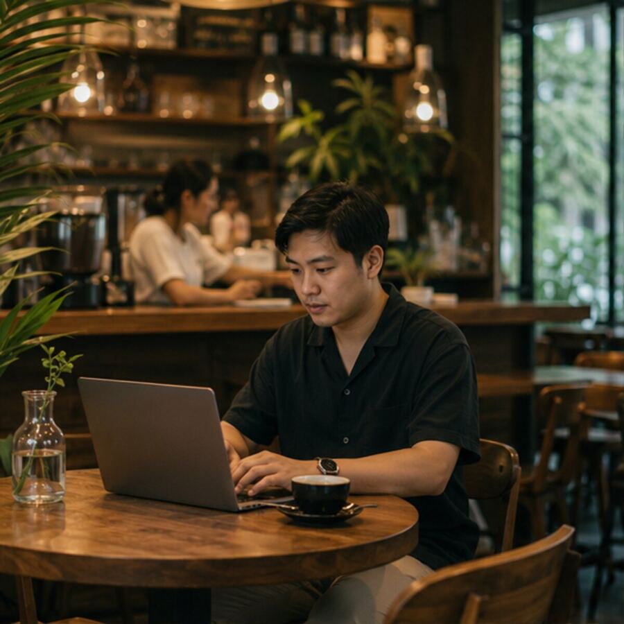 Solo remote work in a Bangkok café