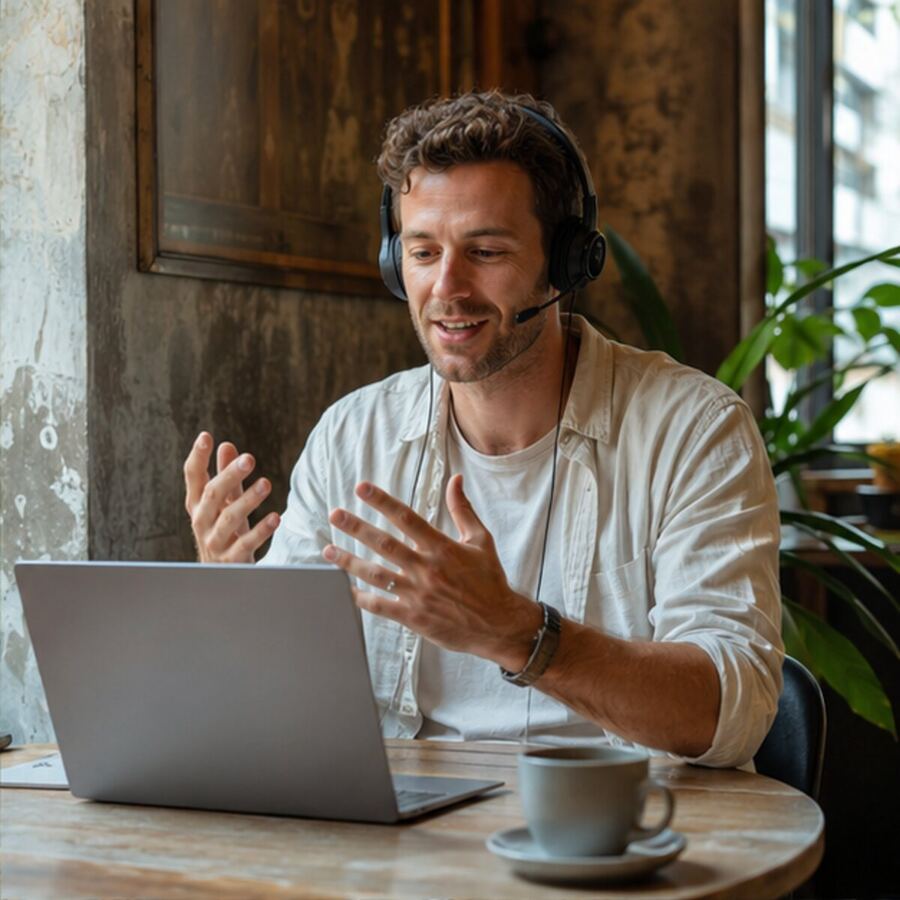 Polite Zoom call from a conversation-friendly café