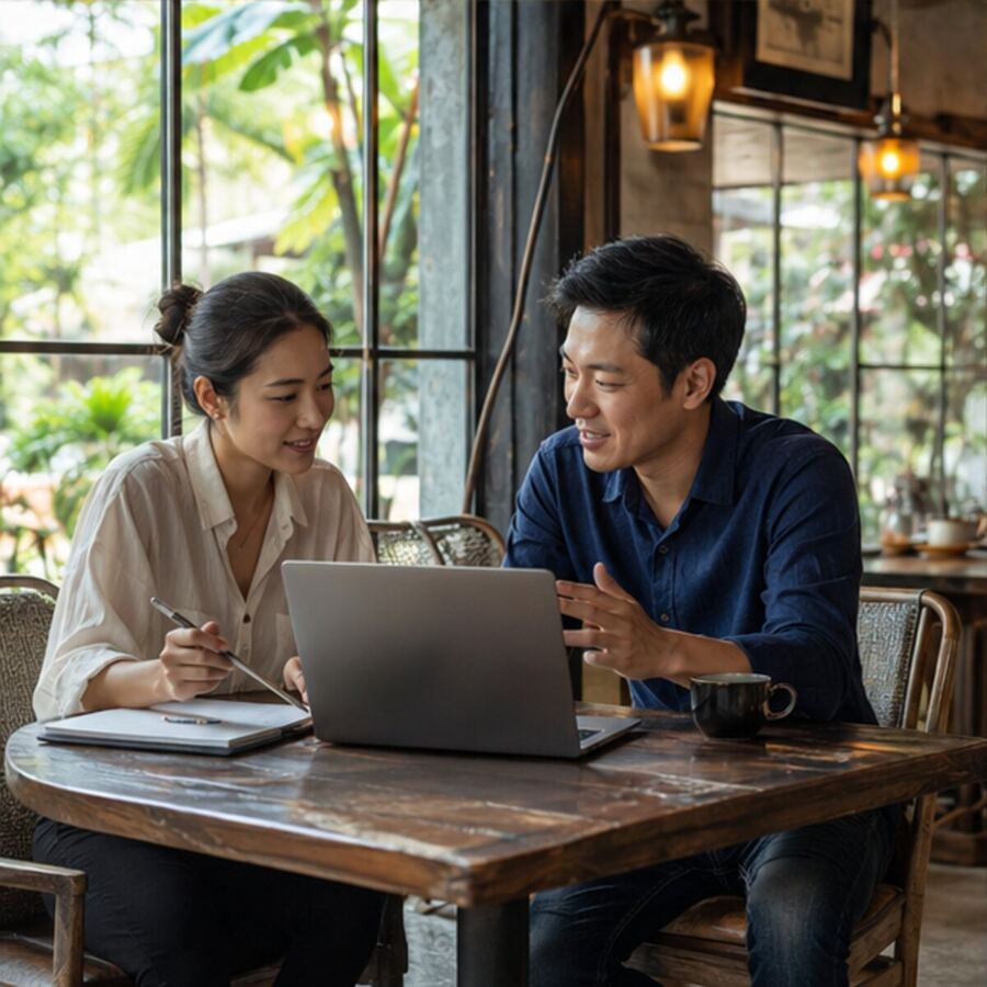 Two-person work meeting in a Bangkok café