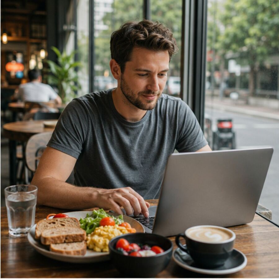 Remote worker reviewing a café breakfast expense