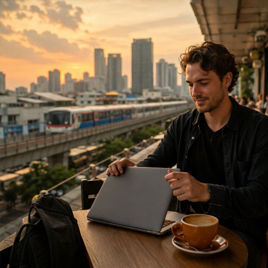 Finishing a workday in a café beside Bangkok rail