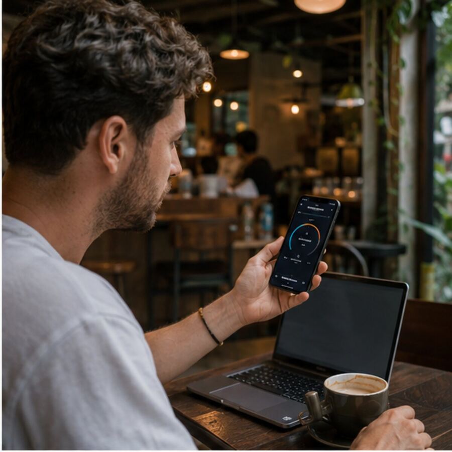 Checking café Wi-Fi speed on a laptop and phone
