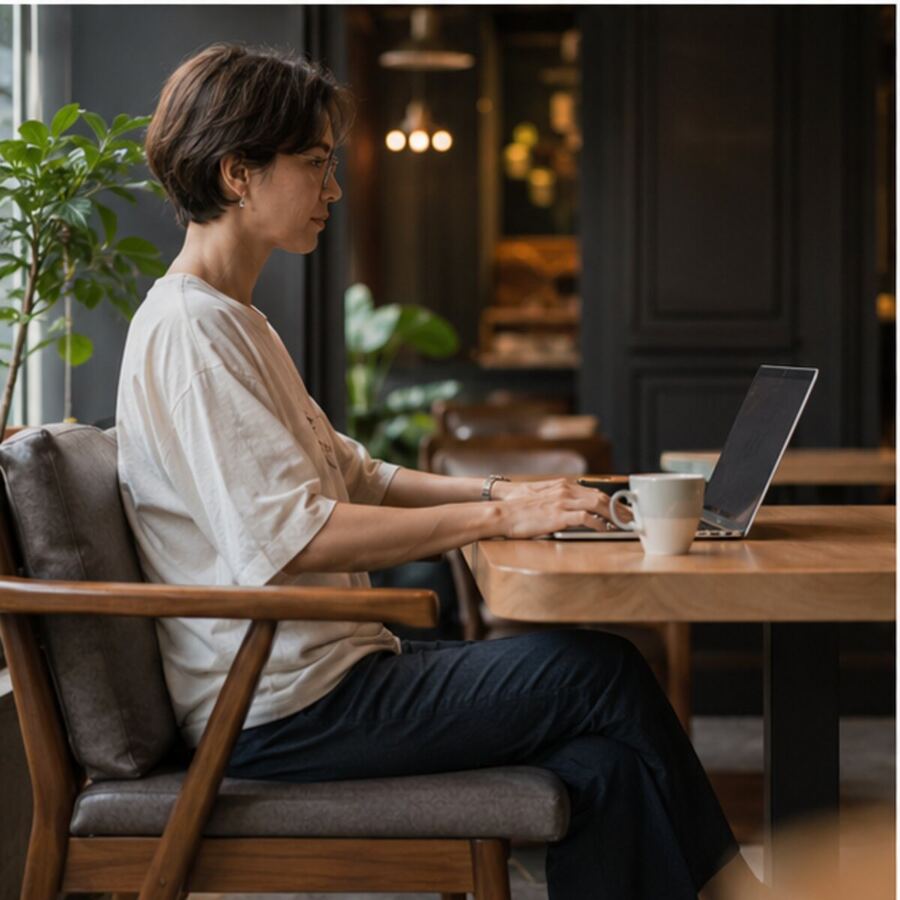 Ergonomic café table and seating for laptop work