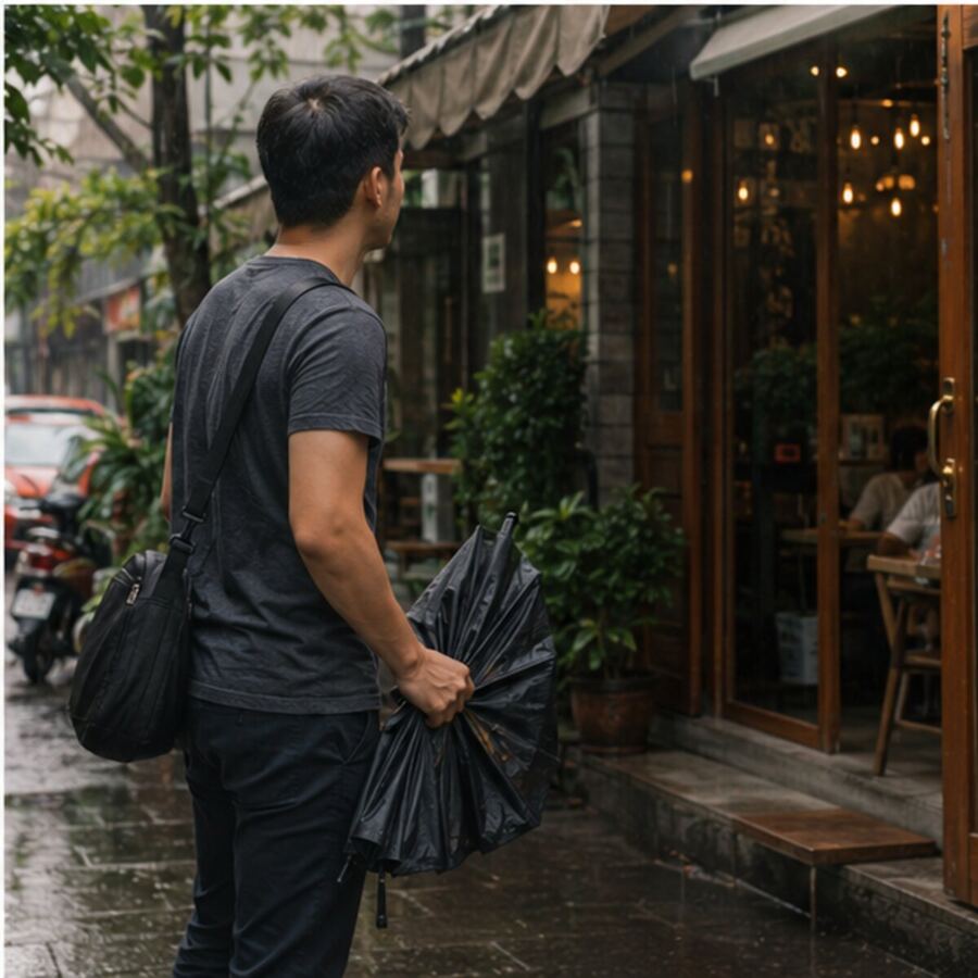 Digital nomad arriving at a Bangkok café during rain