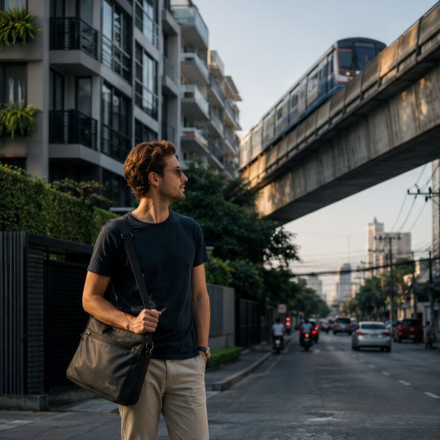 Digital nomad outside a Bangkok apartment near elevated rail