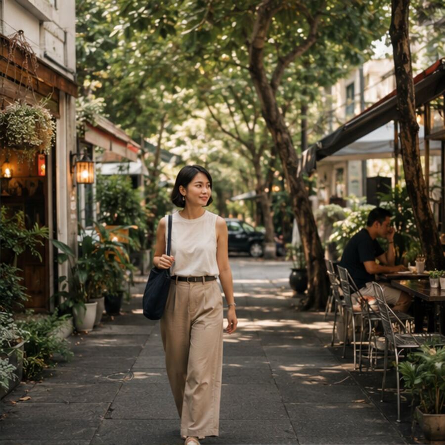 Walking through a leafy Ari-style café neighbourhood