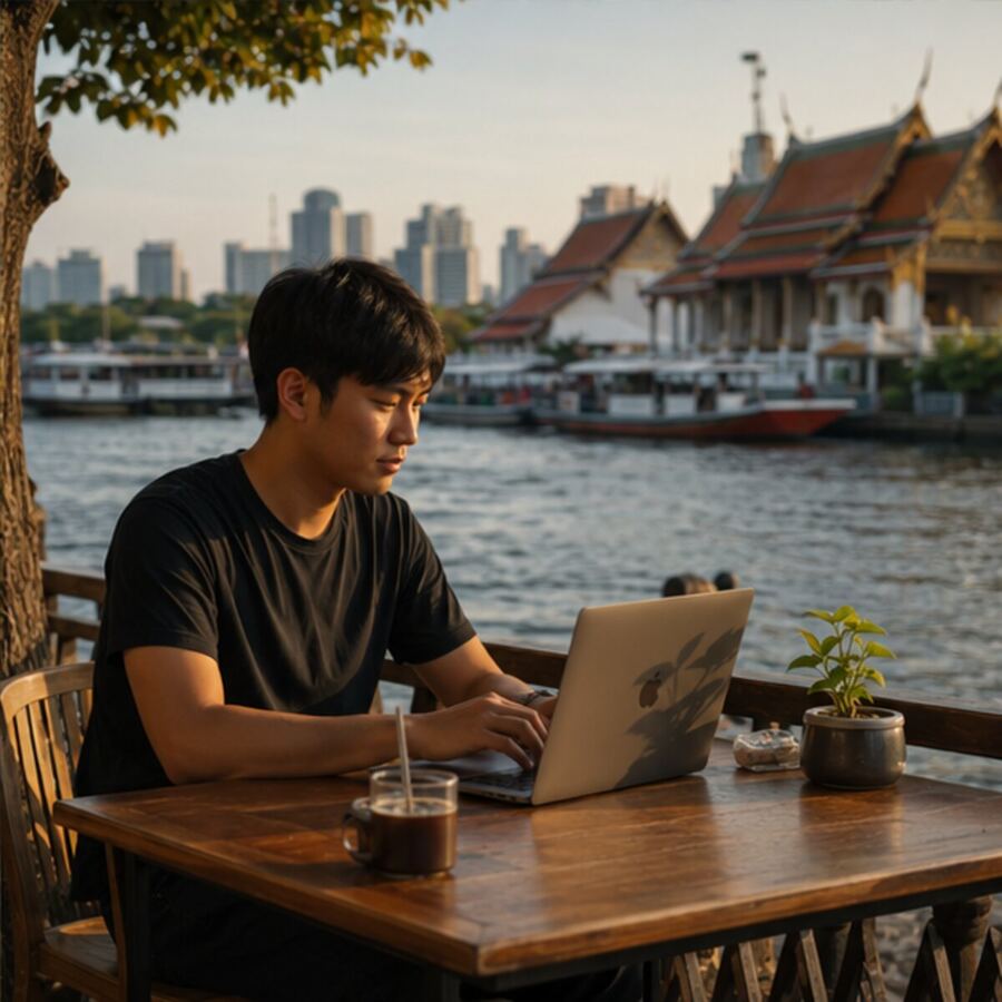 Laptop work beside Bangkok's riverside old town