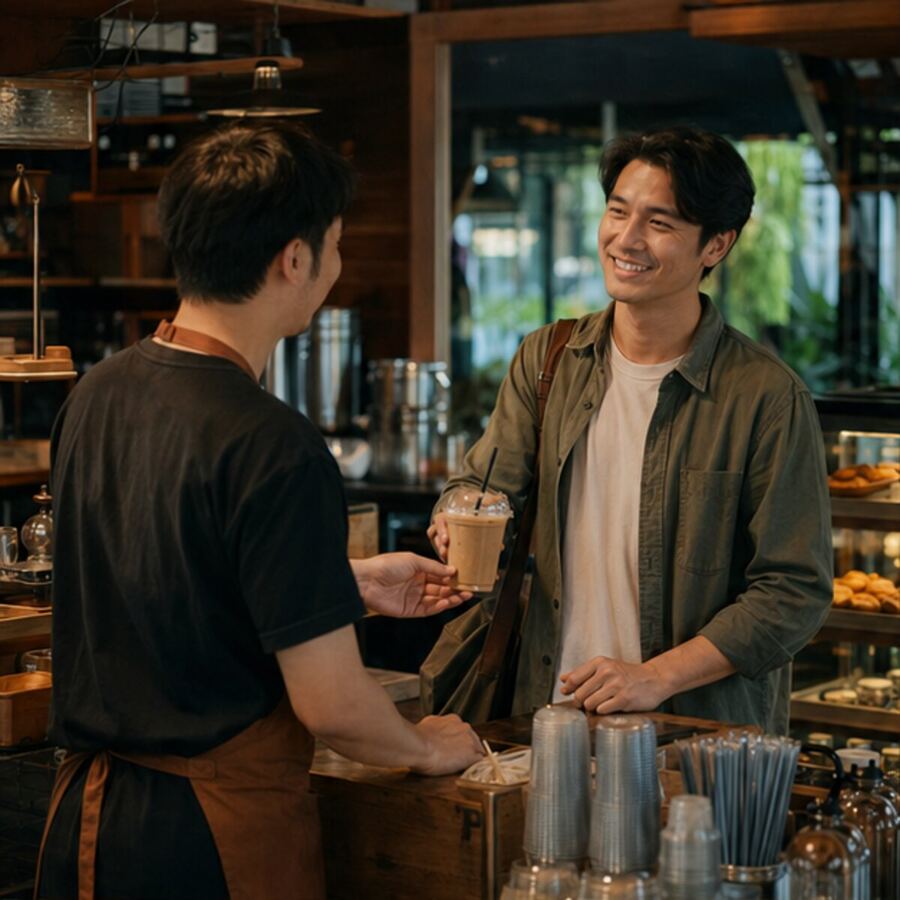 Customer ordering a second drink during a long café session
