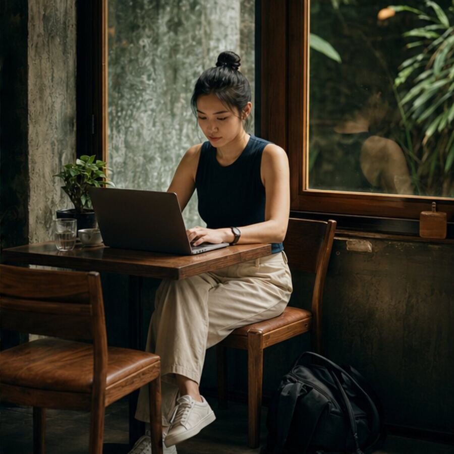 Considerate compact laptop setup in a Bangkok café