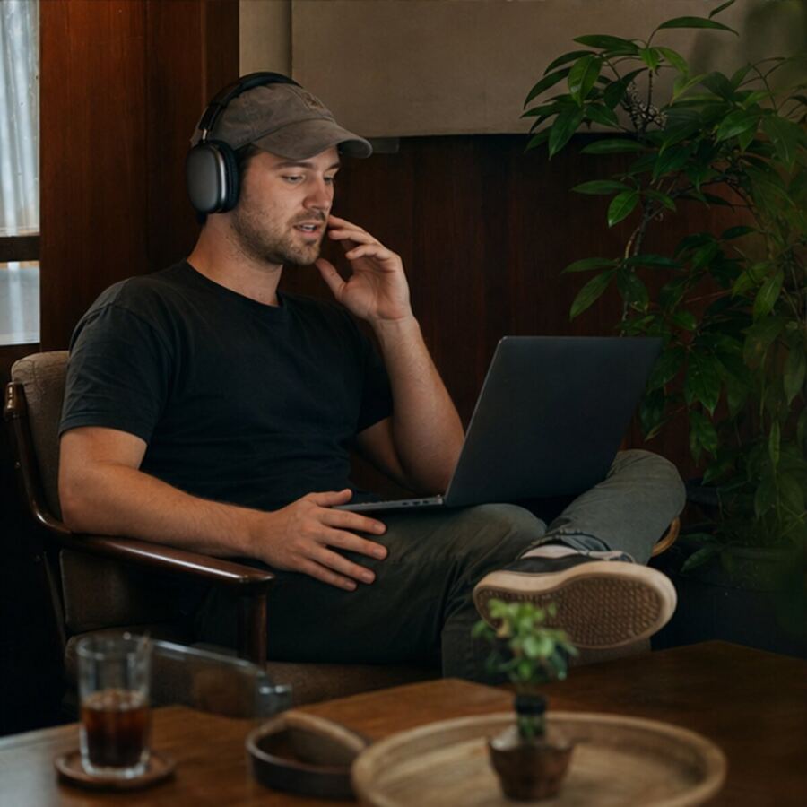 Short quiet headphone call in a conversational café