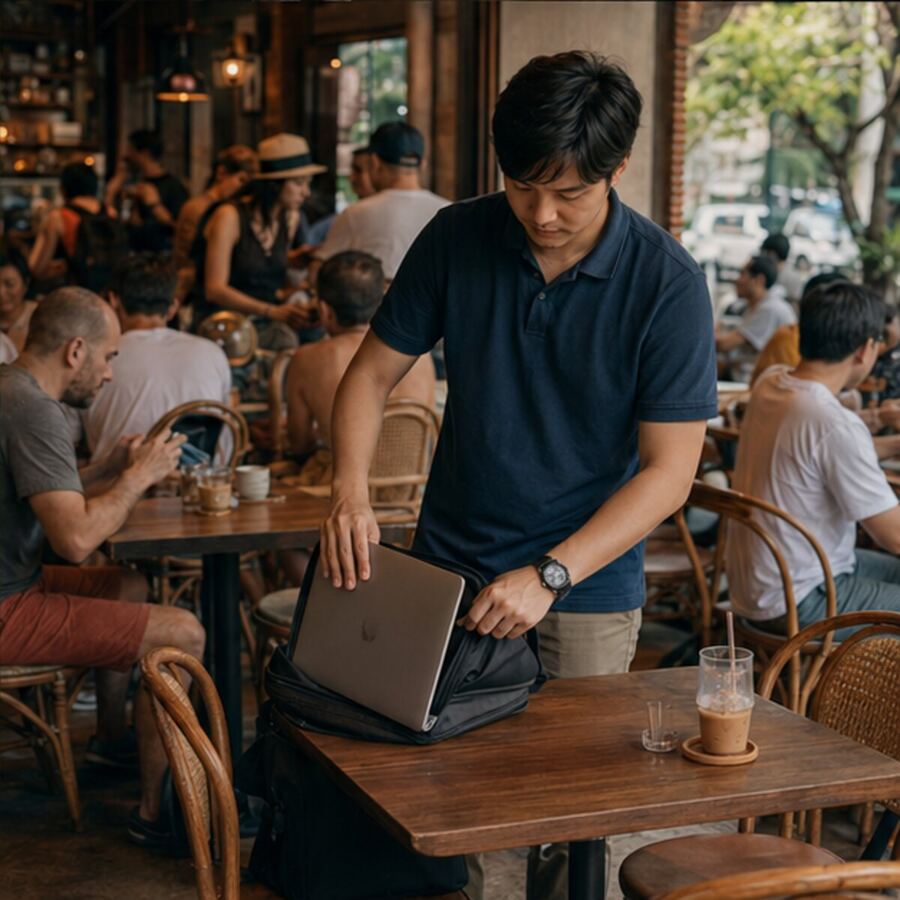 Packing a laptop when a Bangkok café becomes busy